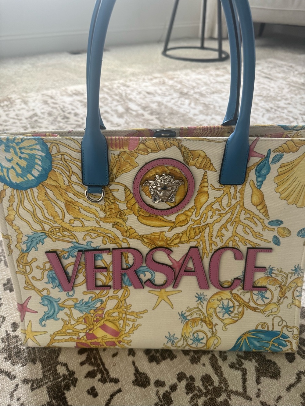 Versace Cream Tote with Pink Logo and Blue Handles